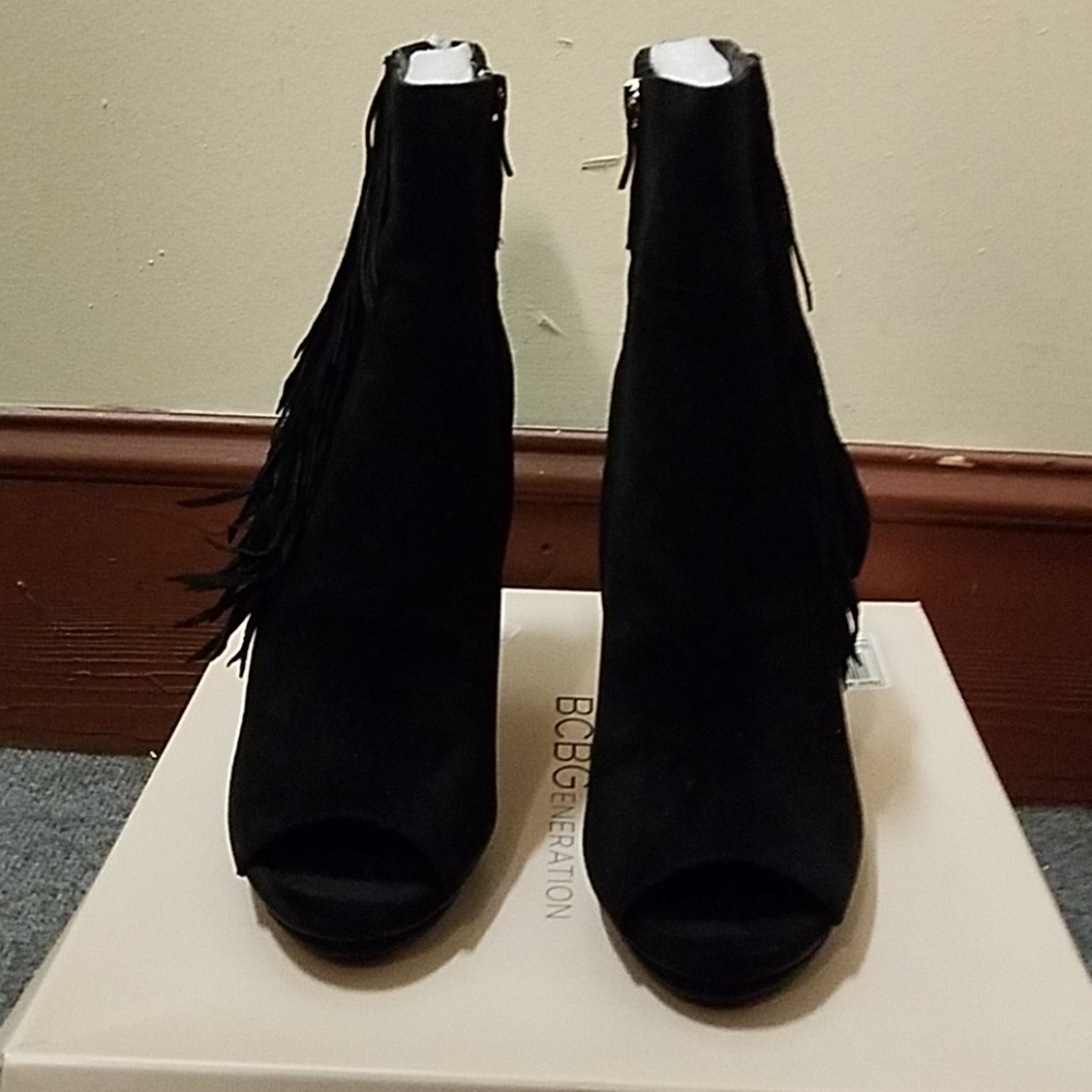 BCBGeneration black suede open toe booties size 10